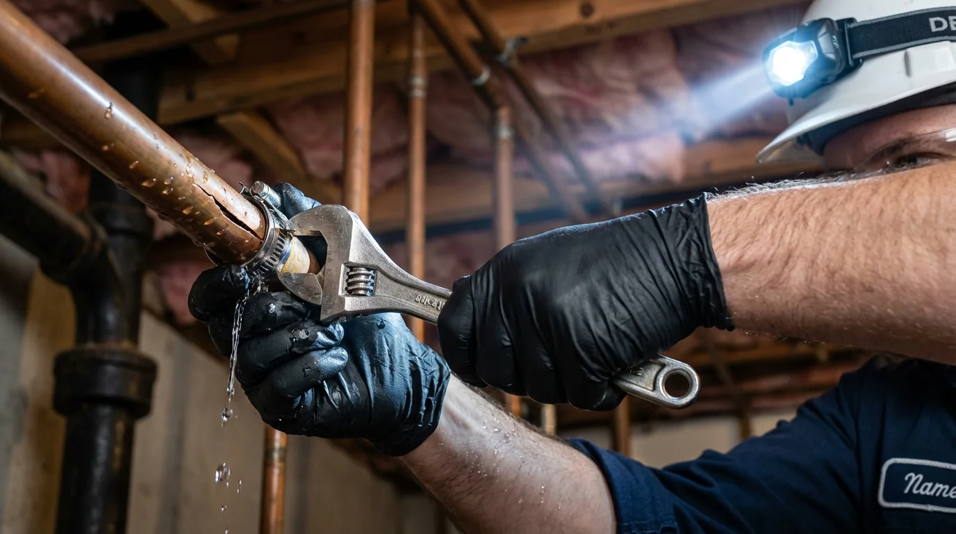 Emergency pipe clamp repair being performed by a Johns Plumbing LLC plumber in West Point