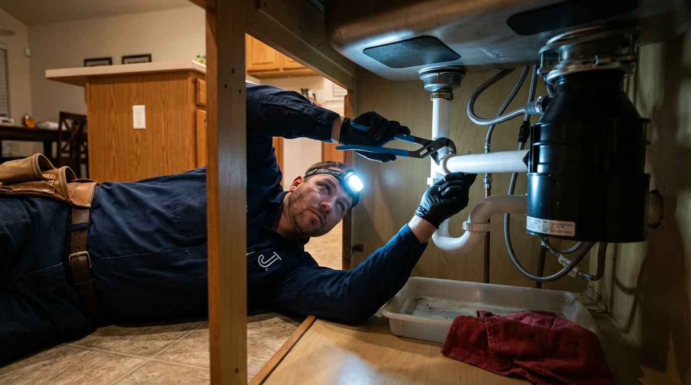 P-trap and supply line connections under a kitchen sink showing a common leak point in West Point, MS
